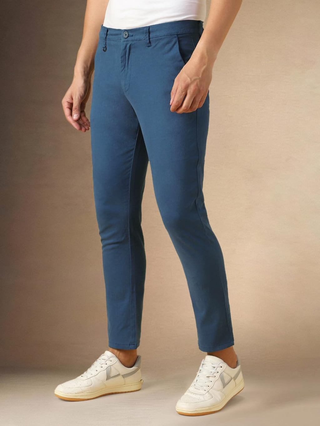 Dennis Lingo Mens Denim Blue Solid Cotton Straight Fit Chinos
