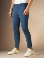 Dennis Lingo Mens Denim Blue Solid Cotton Straight Fit Chinos