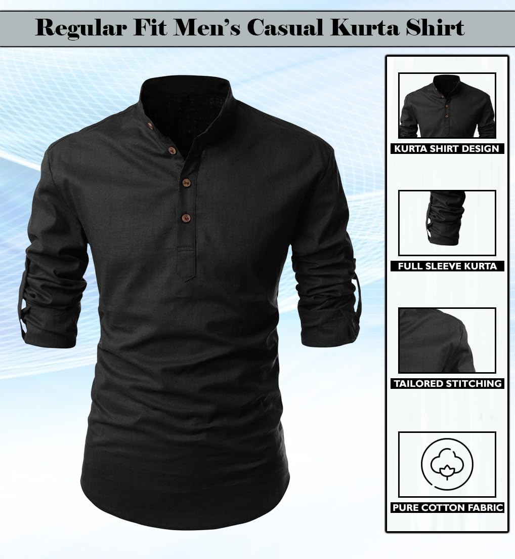 Finivo Fashion MenS Cotton Blend Solid Full Sleeve Short Kurta Shirt Black