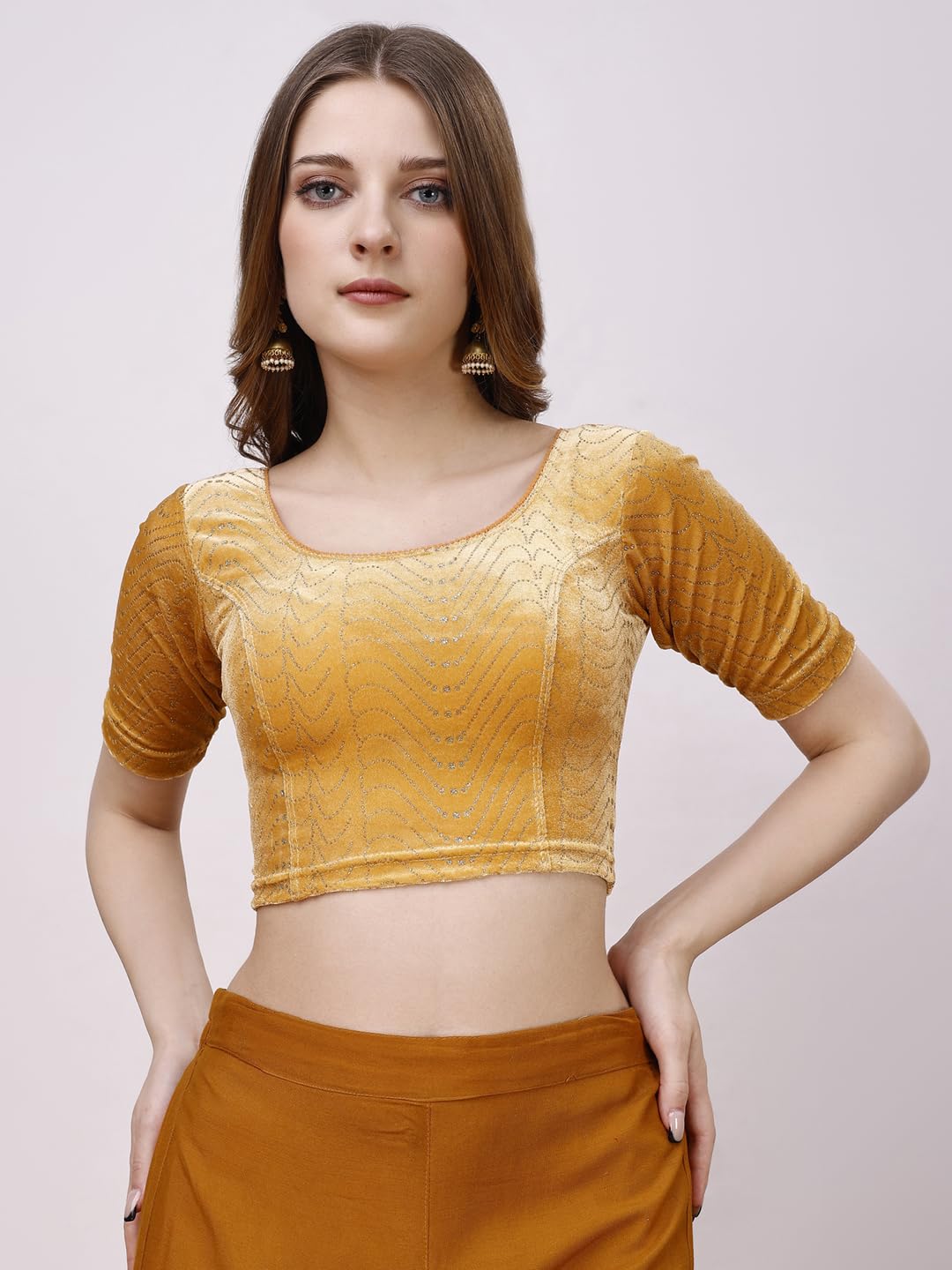 Pujia Mills WomenS Readymade Hosiery Velvet Lycra Stretchable Round Neck Half Sleeve Blouse With Jari Work Fancy Gold Color Lyc