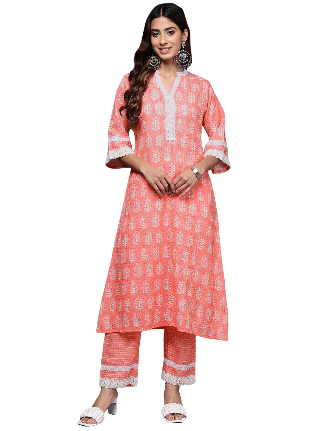 Libas Womens Printed Cotton Blend A-Line Kurta With Trousers Peach
