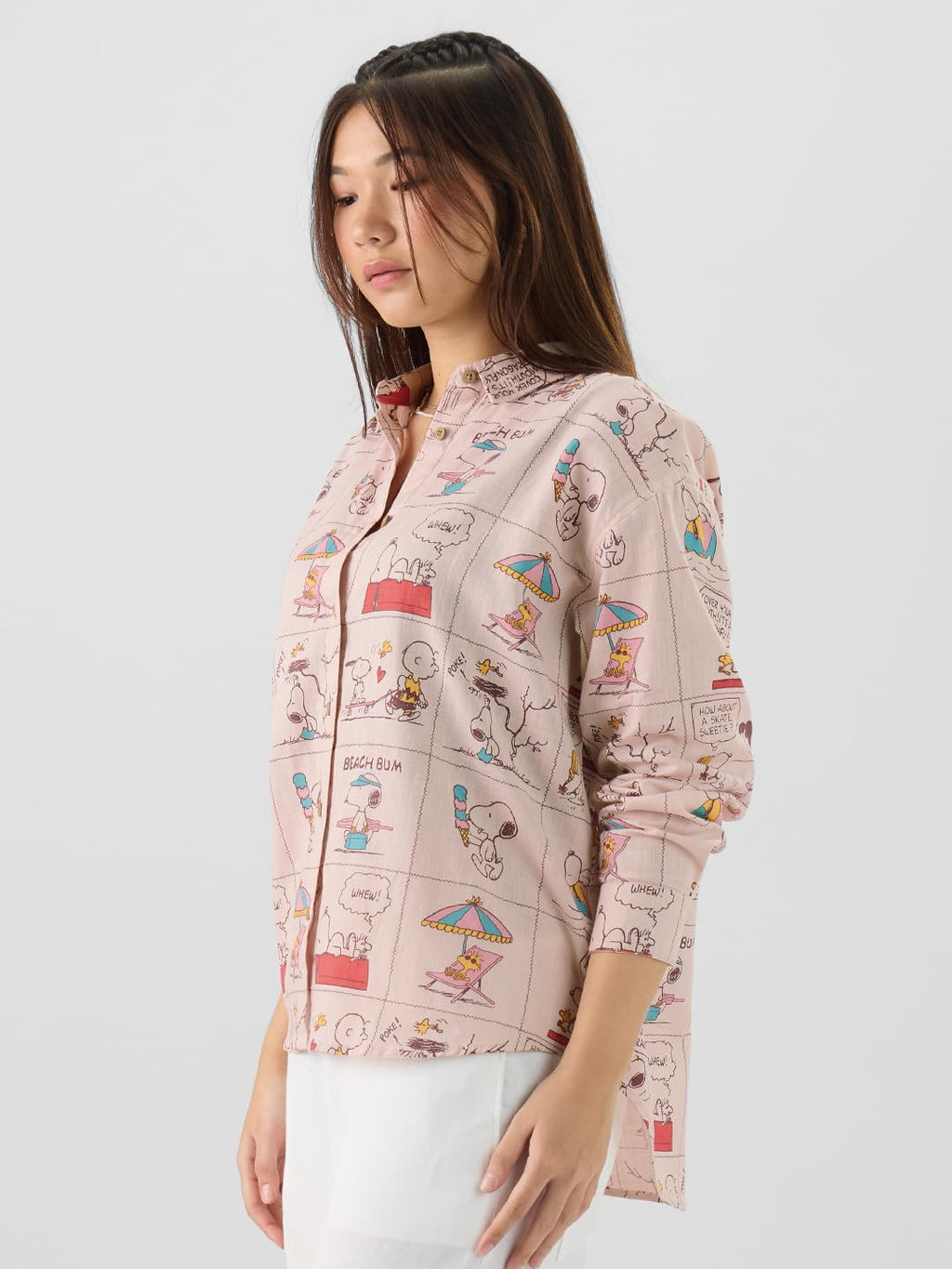 The Souled Store Official Peanuts: Beach Bum Women and Girls Long Sleeve Collared Neck Pink All Over Printed Cotton Boyfriend Sh