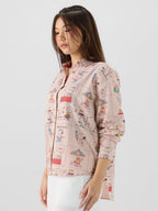 The Souled Store Official Peanuts: Beach Bum Women and Girls Long Sleeve Collared Neck Pink All Over Printed Cotton Boyfriend Sh