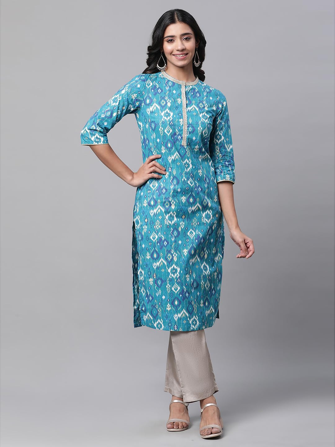 Aurelia WomenS Geometric Printed Printed Straight Long Blue Cotton Kurta