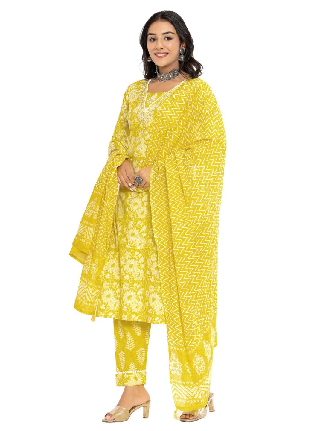 rytras Womens Cotton Printed Straight Kurta with Palazzo Pant and Dupatta Set