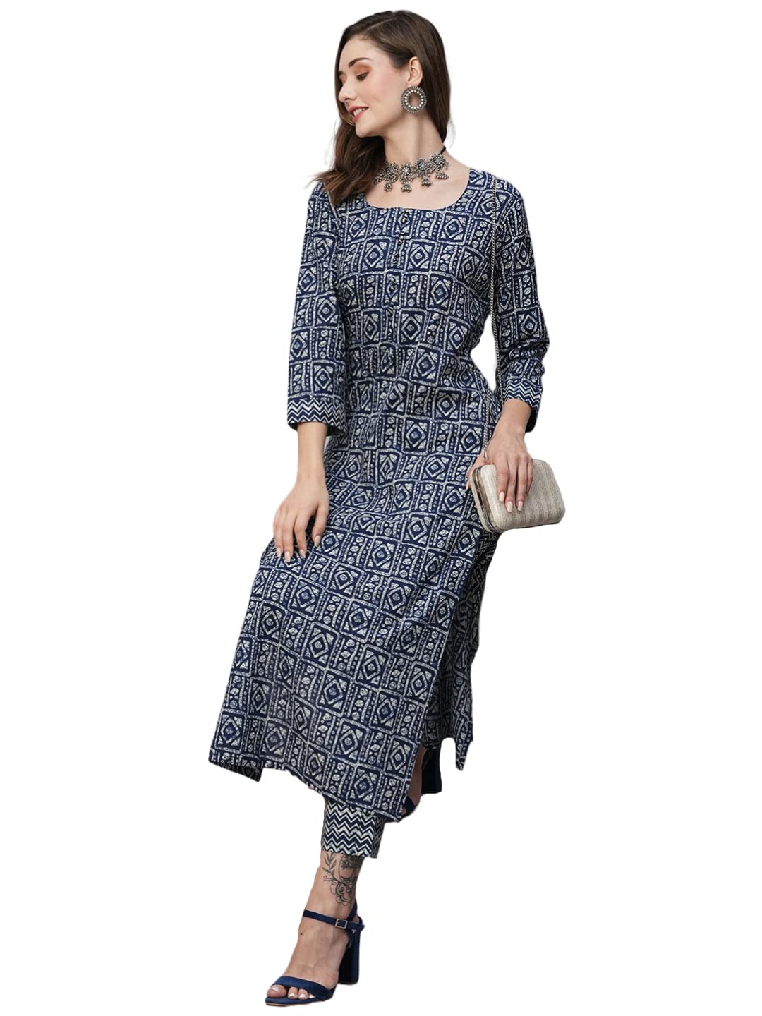 ANNI DESIGNER Womens Cotton Blend Straight Printed Kurta with Pant (Yami Blue_M_Blue_Medium)