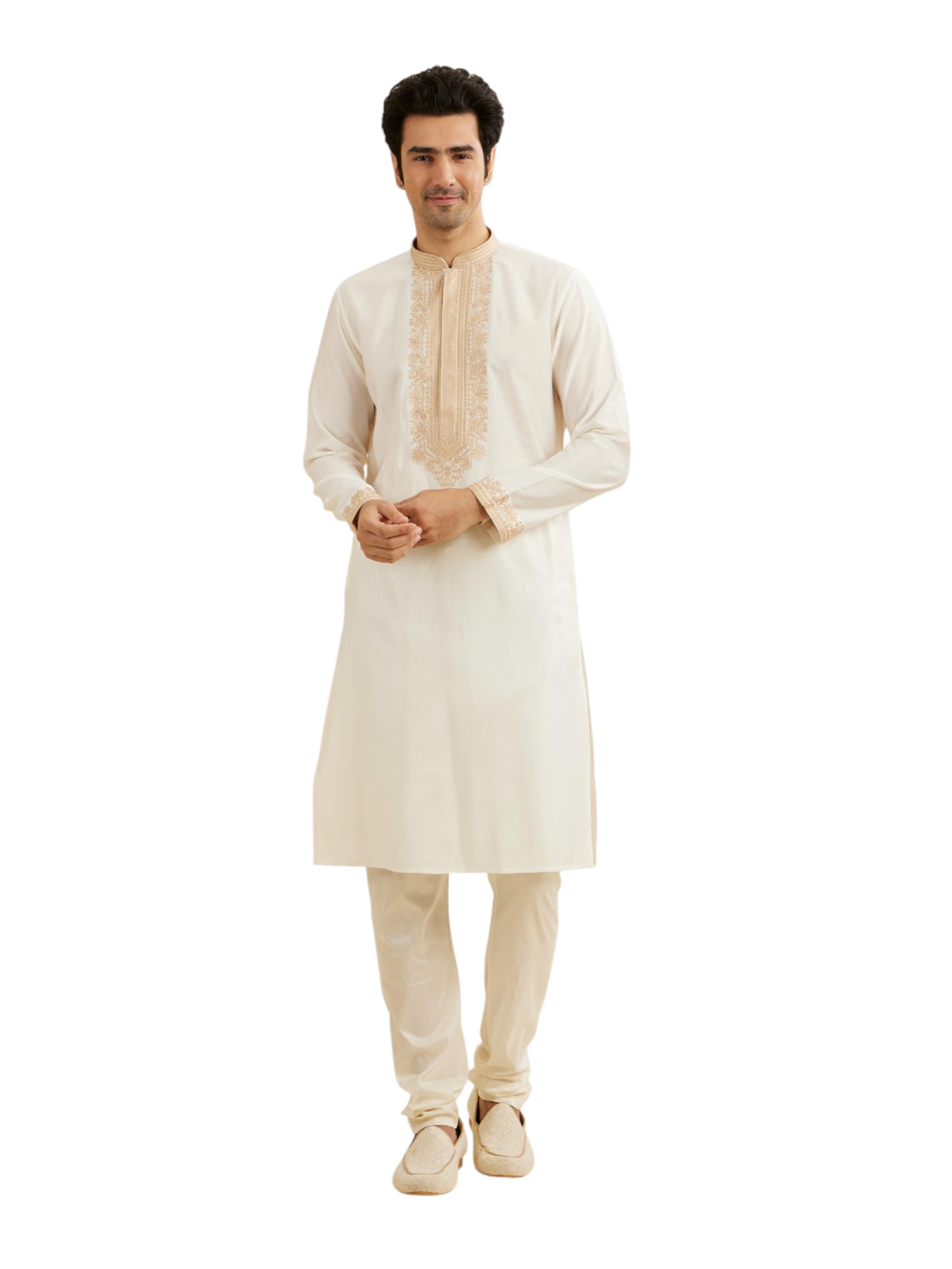 Manyavar Mens Viscose Blend Embroidered Neck Kurta Churidar Set (Warm White,XXL)