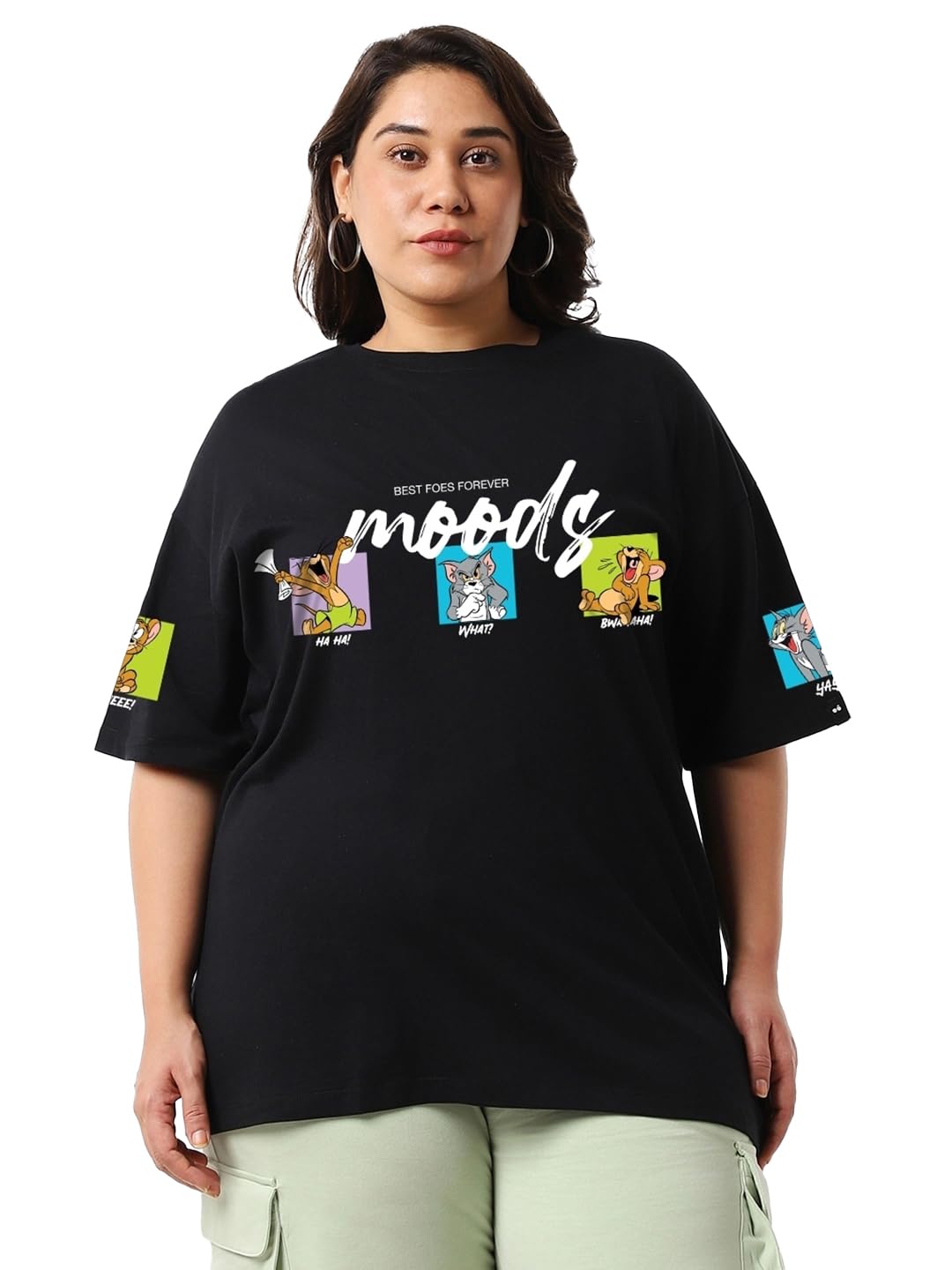 Bewakoof Womens Cotton Official Tom & Jerry Merchandise Graphic Printed Oversized Plus Size T-Shirt_625723_Black_3XL