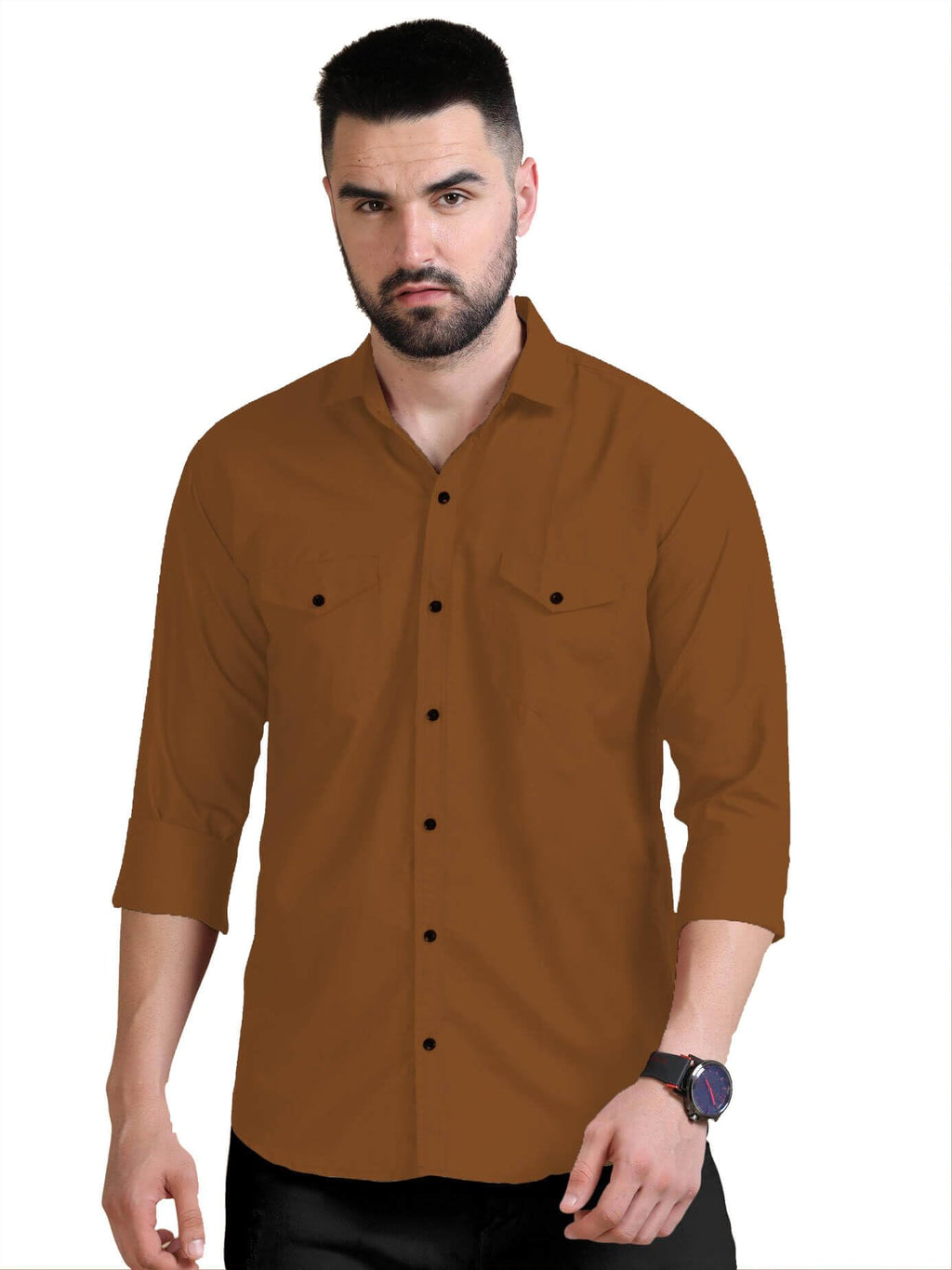 Rebelify MenS Double Pocket Shirt  Classic Casual Cotton Blend With Adjustable Cuffs Brown