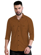 Rebelify MenS Double Pocket Shirt  Classic Casual Cotton Blend With Adjustable Cuffs Brown