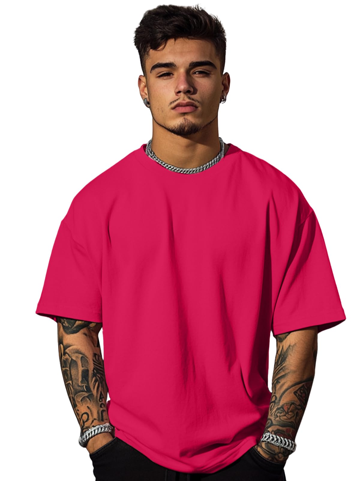 Veirdo Men's Cotton Short Sleeve Round Neck Oversized Fit Solid Viva Magenta T-Shirt Men