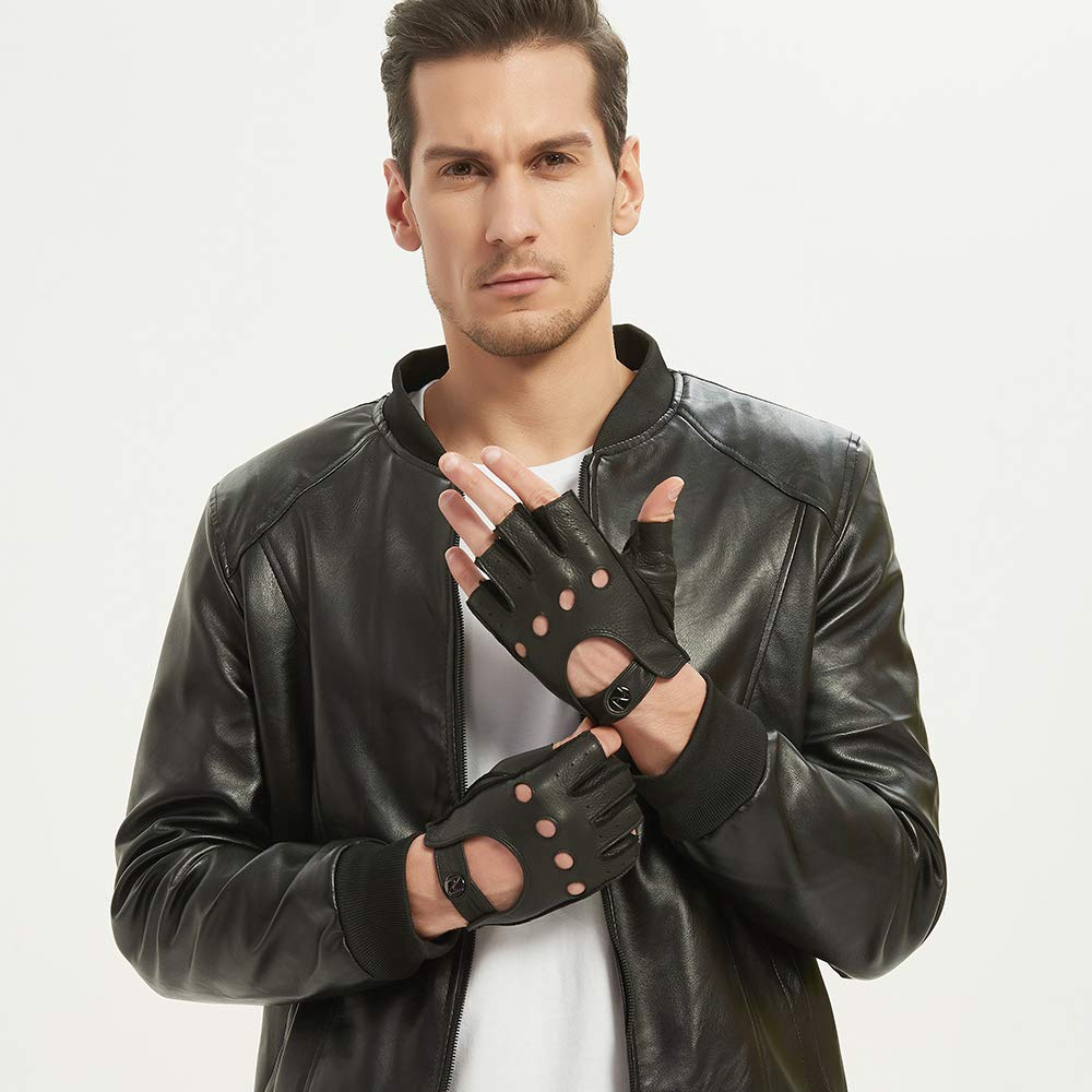 NOVBJECT Fingerless Leather Gloves Men Driving Gloves Deerskin Unlined Half Finger Motorcycle Outdoor (Black, L)