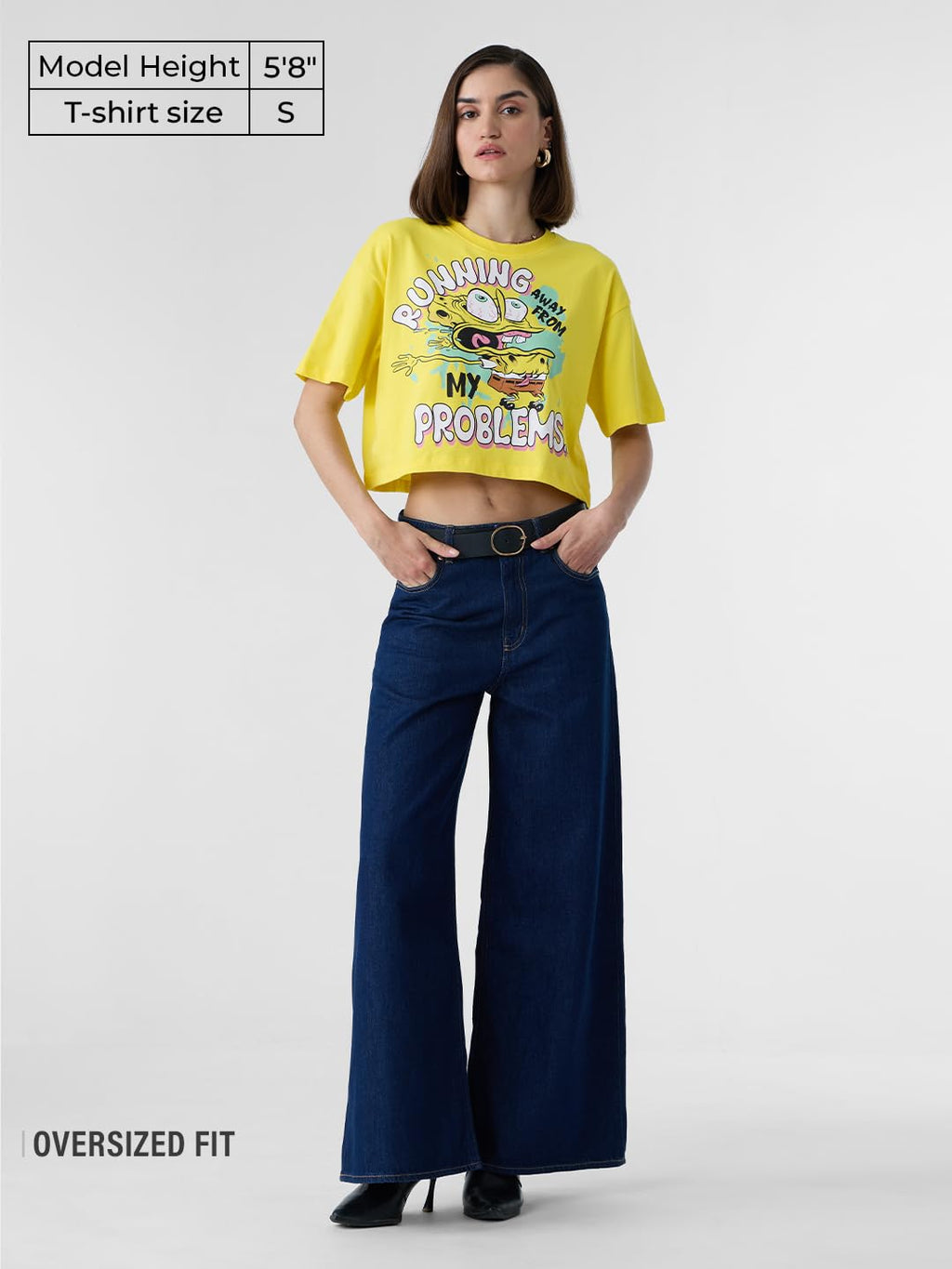 The Souled Store Official Spongebob: Running Away Women and Girls Oversize Fit Half Sleeve Graphic Printed Cotton Yellow Color C