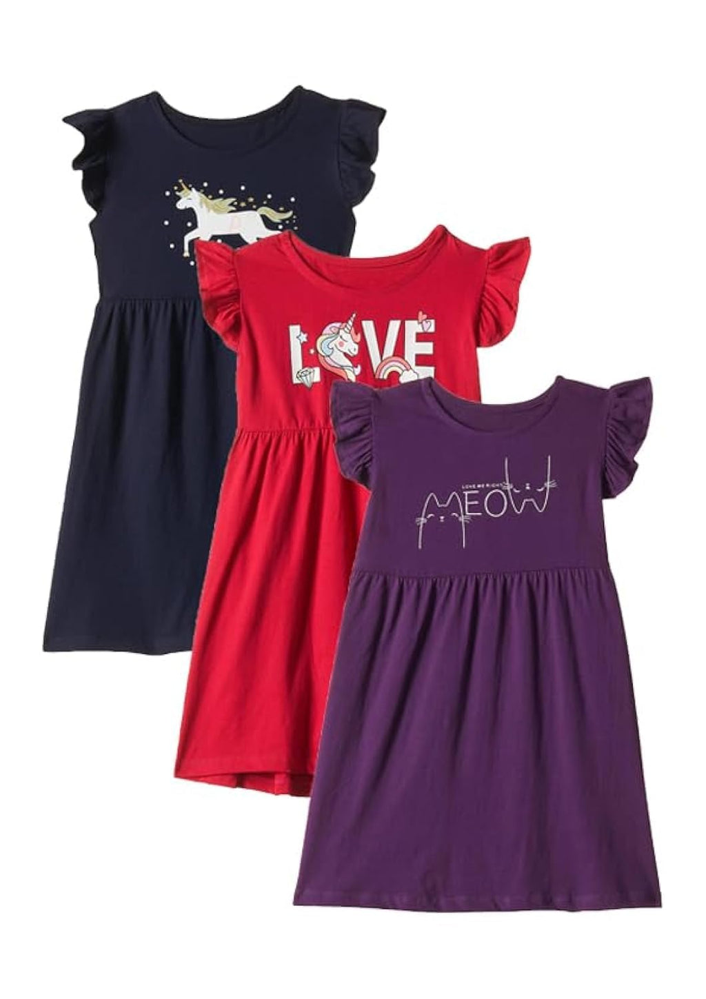 T2F Girls Cotton A-Line Knee-Length Casual Dress (DRZ3P02_Navy+Fusia+Purple