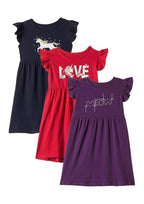 T2F Girls Cotton A-Line Knee-Length Casual Dress (DRZ3P02_Navy+Fusia+Purple