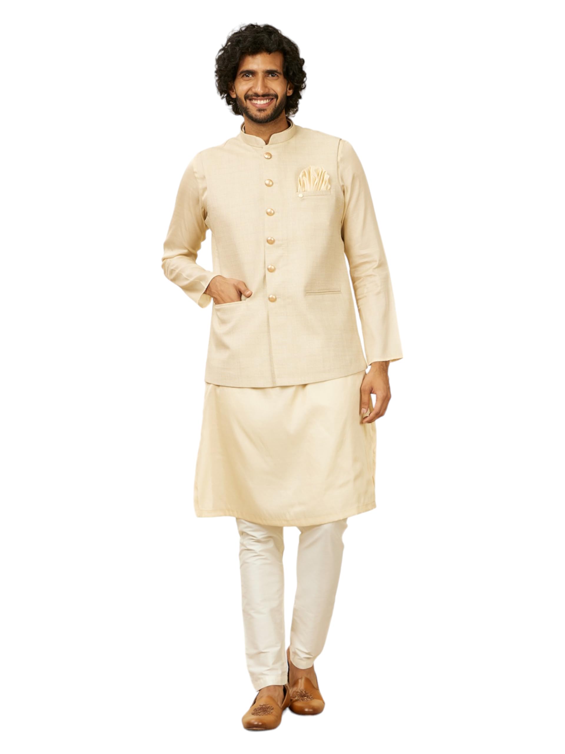Manyavar Beige Art Silk Solid Jackets For Men