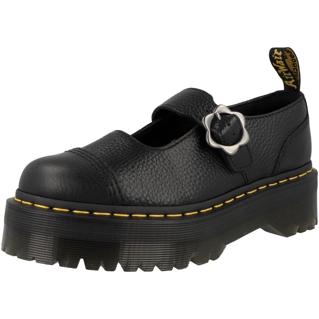 Dr. Martens Women's Addina Flower Mary Jane Flat, Black Milled Nappa, 7