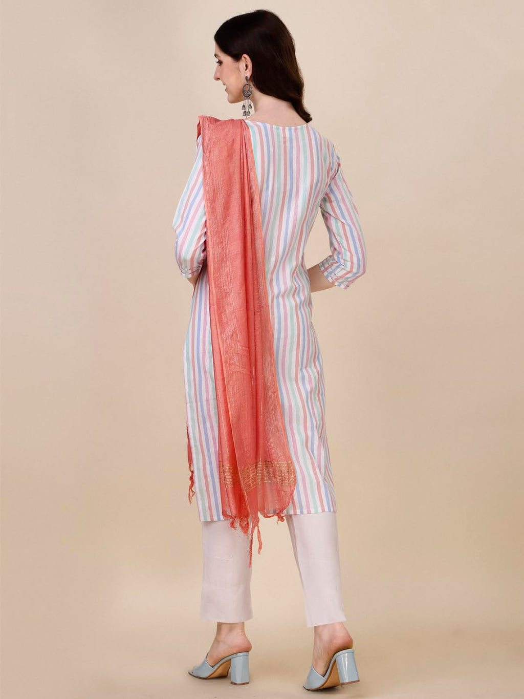 Fashion Basket Women Cotton Striped Printed Kurta Set With Pant & Dupatta (Medium, Multicolor)