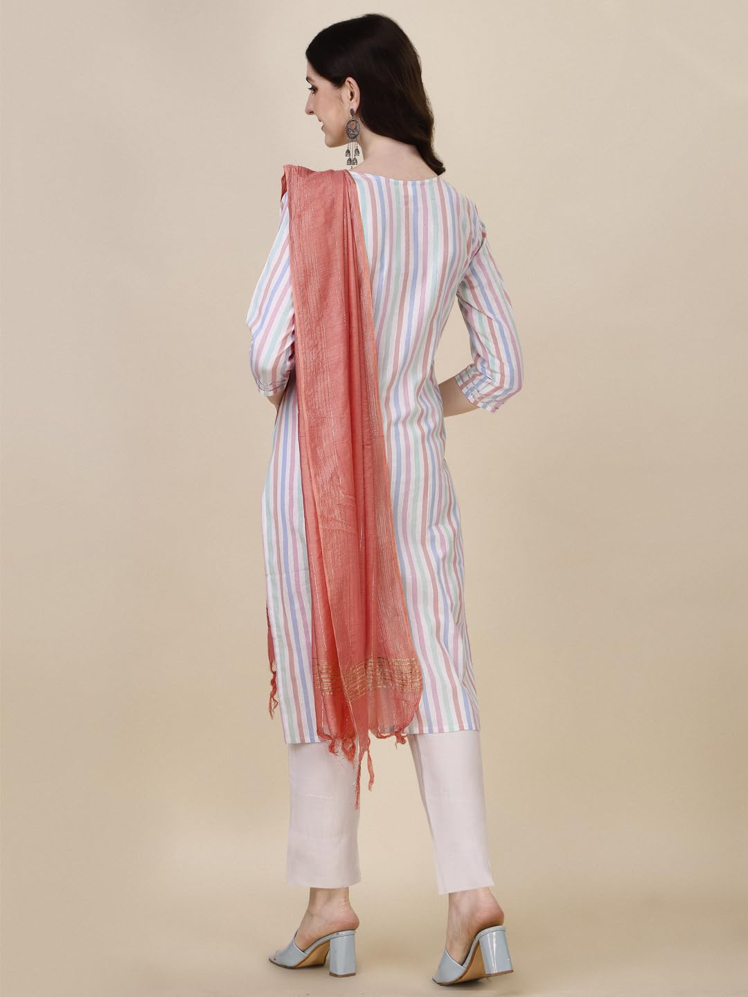 Fashion Basket Women Cotton Striped Printed Kurta Set With Pant & Dupatta (Medium, Multicolor)