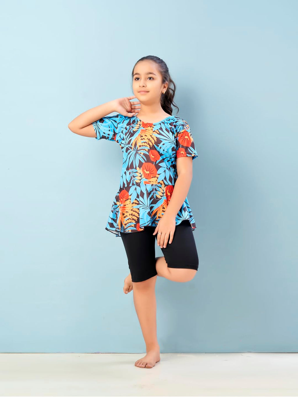 Aarika Girls Sports Wear Firozi-Black Colour Floral Print Nylon Swim Suit (5-15 Years)-(SW-SHM-CA-1115)