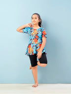 Aarika Girls Sports Wear Firozi-Black Colour Floral Print Nylon Swim Suit (5-15 Years)-(SW-SHM-CA-1115)