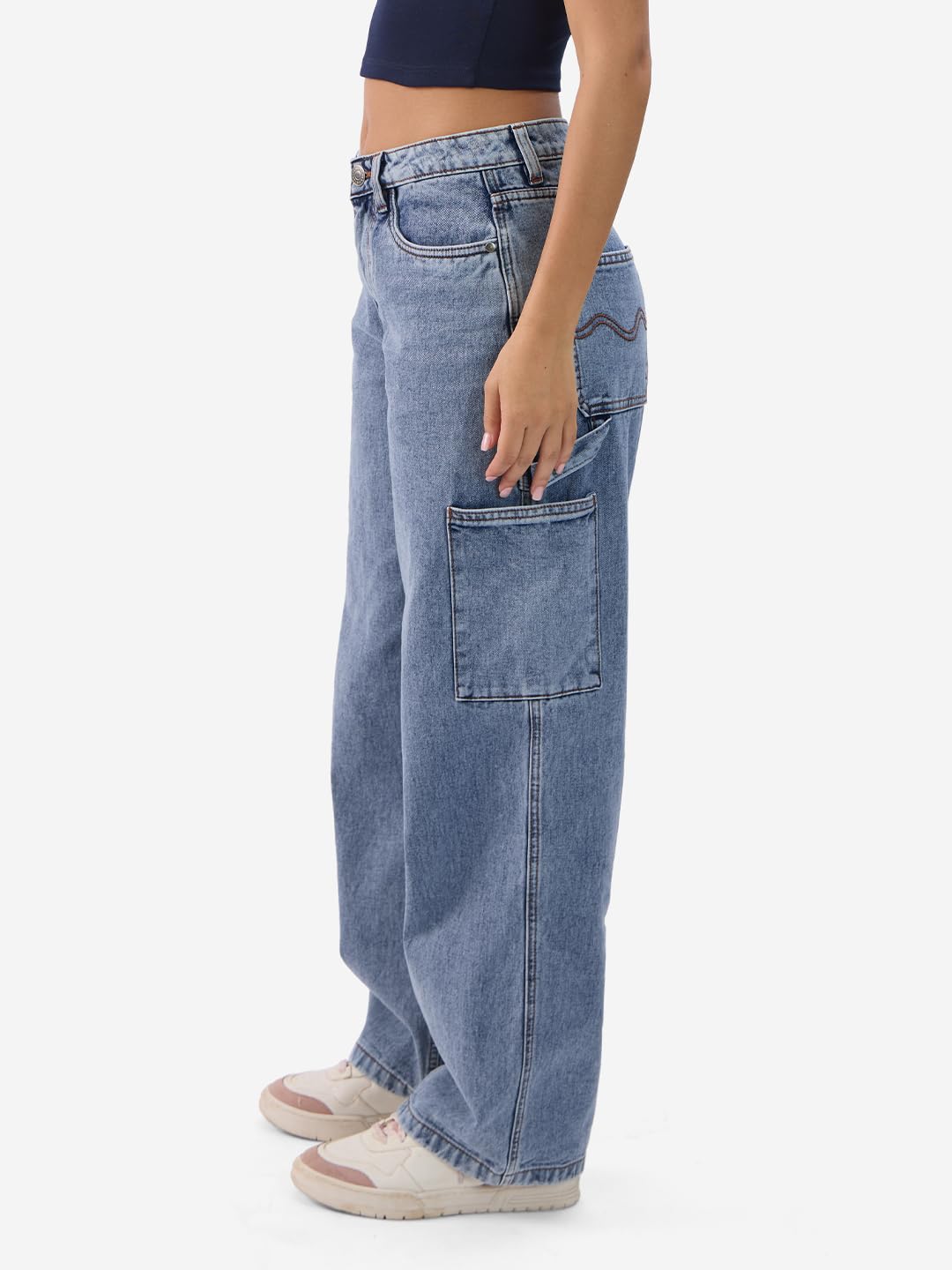 The Souled Store Denim: Stellar Blue Women and Girls Buttoned Cotton Baggy Fit Jeans