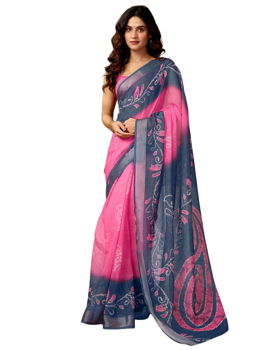 Satrani WomenS Linen Zari Border Printed Ready To Wear One Minute Pre Pleated Readymade Saree With Unstitched Blouse Piece (34R