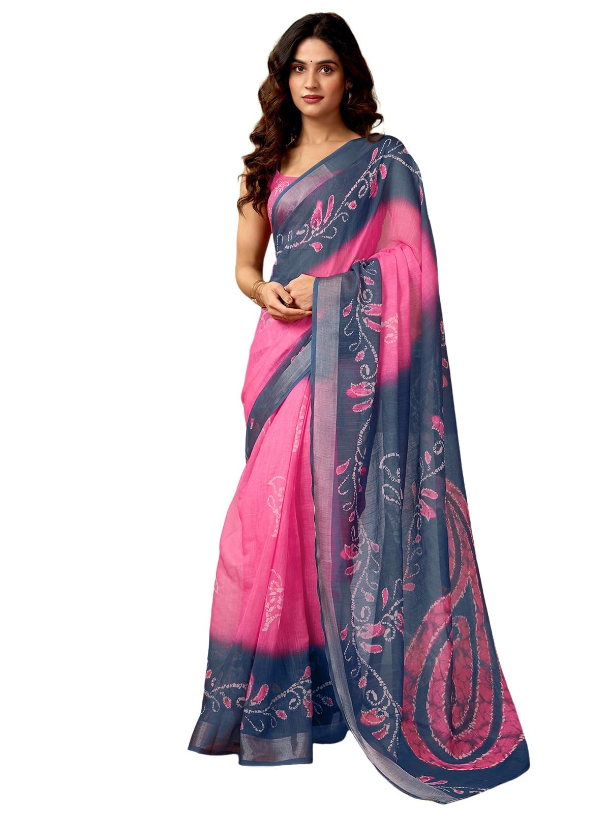 Satrani WomenS Linen Zari Border Printed Ready To Wear One Minute Pre Pleated Readymade Saree With Unstitched Blouse Piece (34R