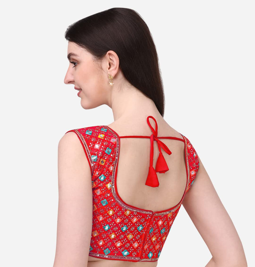 Pujia Mills WomenS Silk Embroidery Foil Work Sleeveless Readymade Saree Blouse