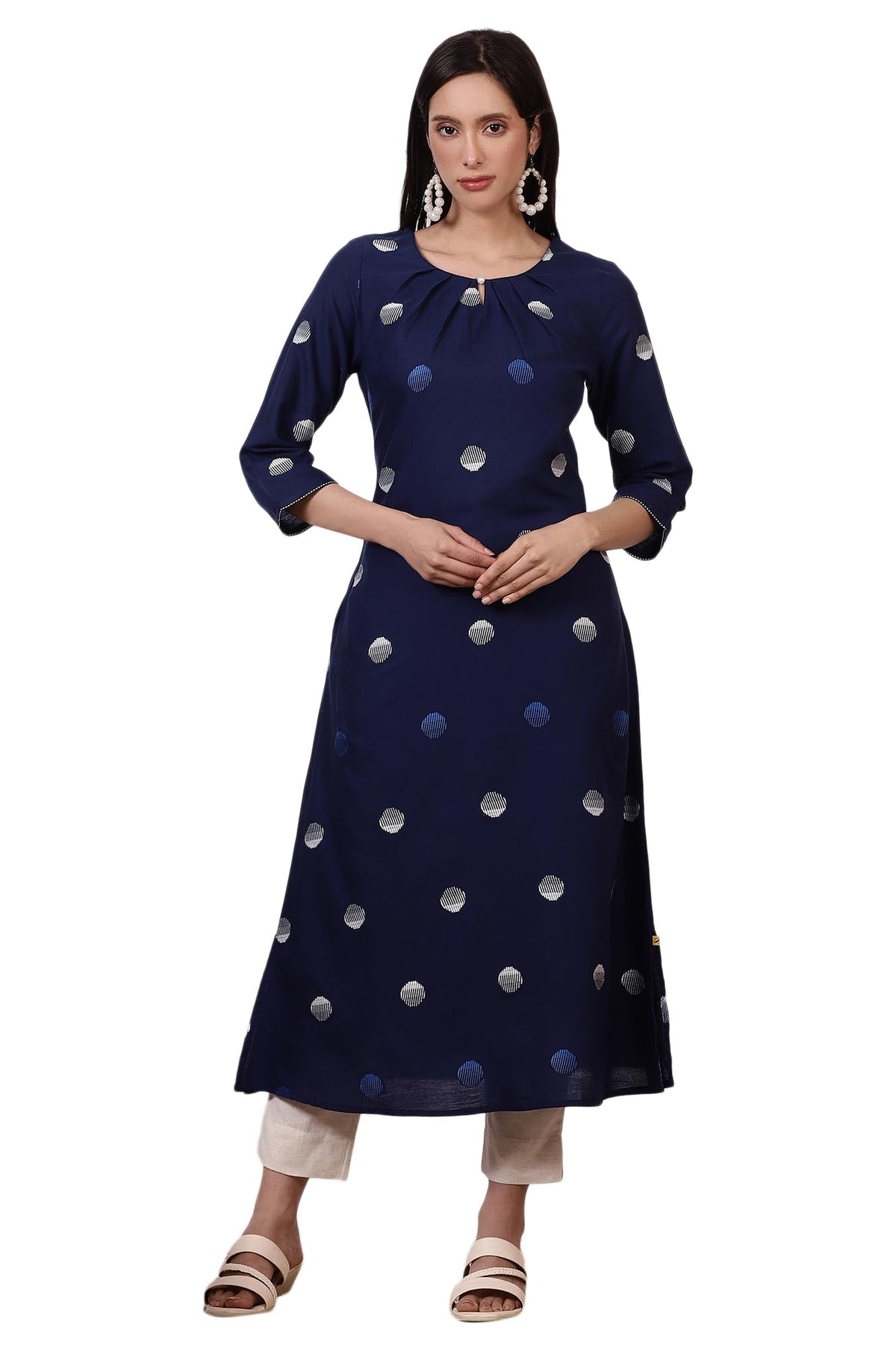 Aurelia Womens Indigo Blue Pokla Dots Cotton Rayon Pleated A-line Kurta (Size: S)-A15640-705604