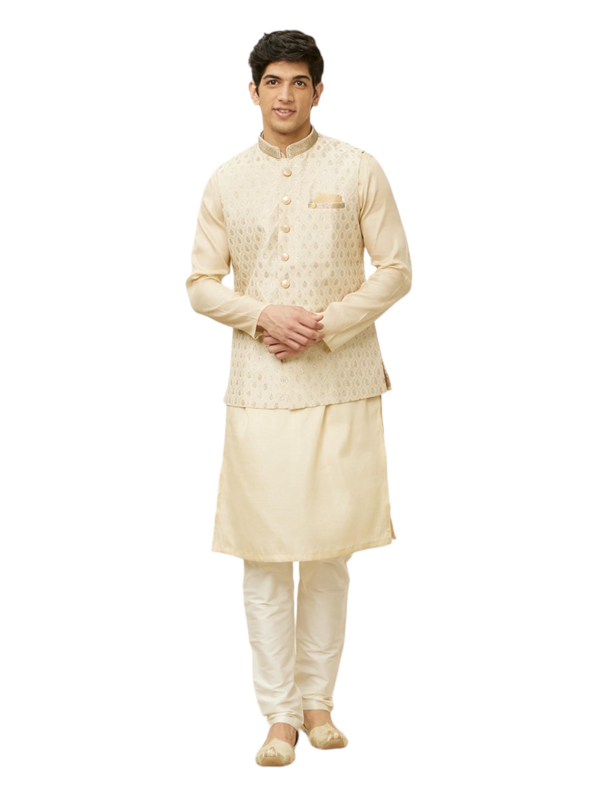 Manyavar Mens Cream Blended Linen Self Design Jackets