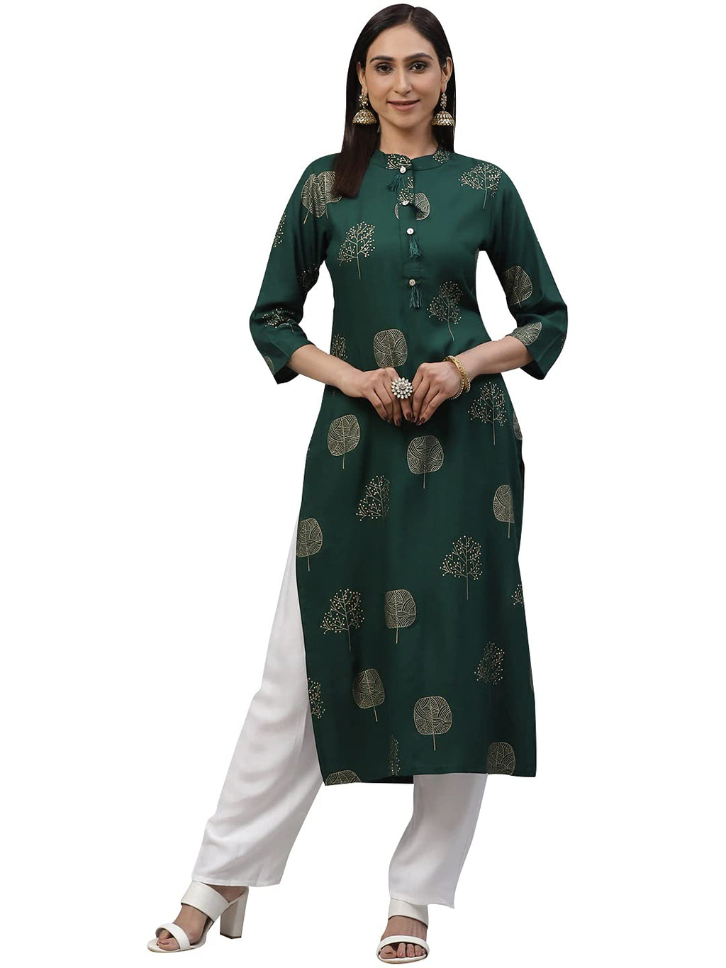 ANNI DESIGNER Women's Rayon Printed Straight Kurta with Palazzo (PAN FLOWER-02-GREEN_XL)