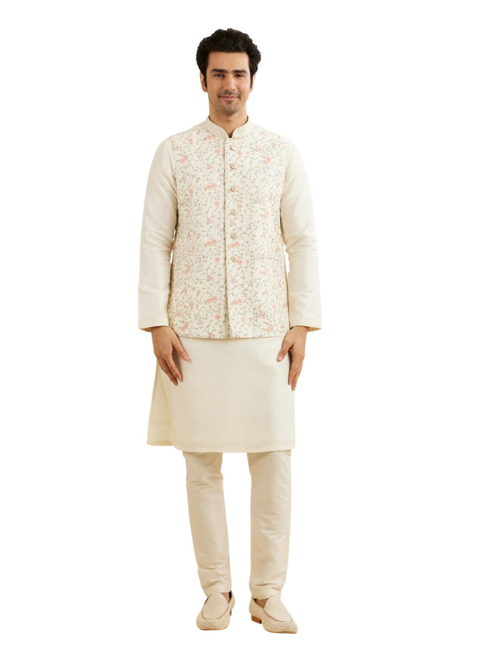 Manyavar MenS Art Silk Floral Embroidery Kurta Jacket Set (Cream,M)