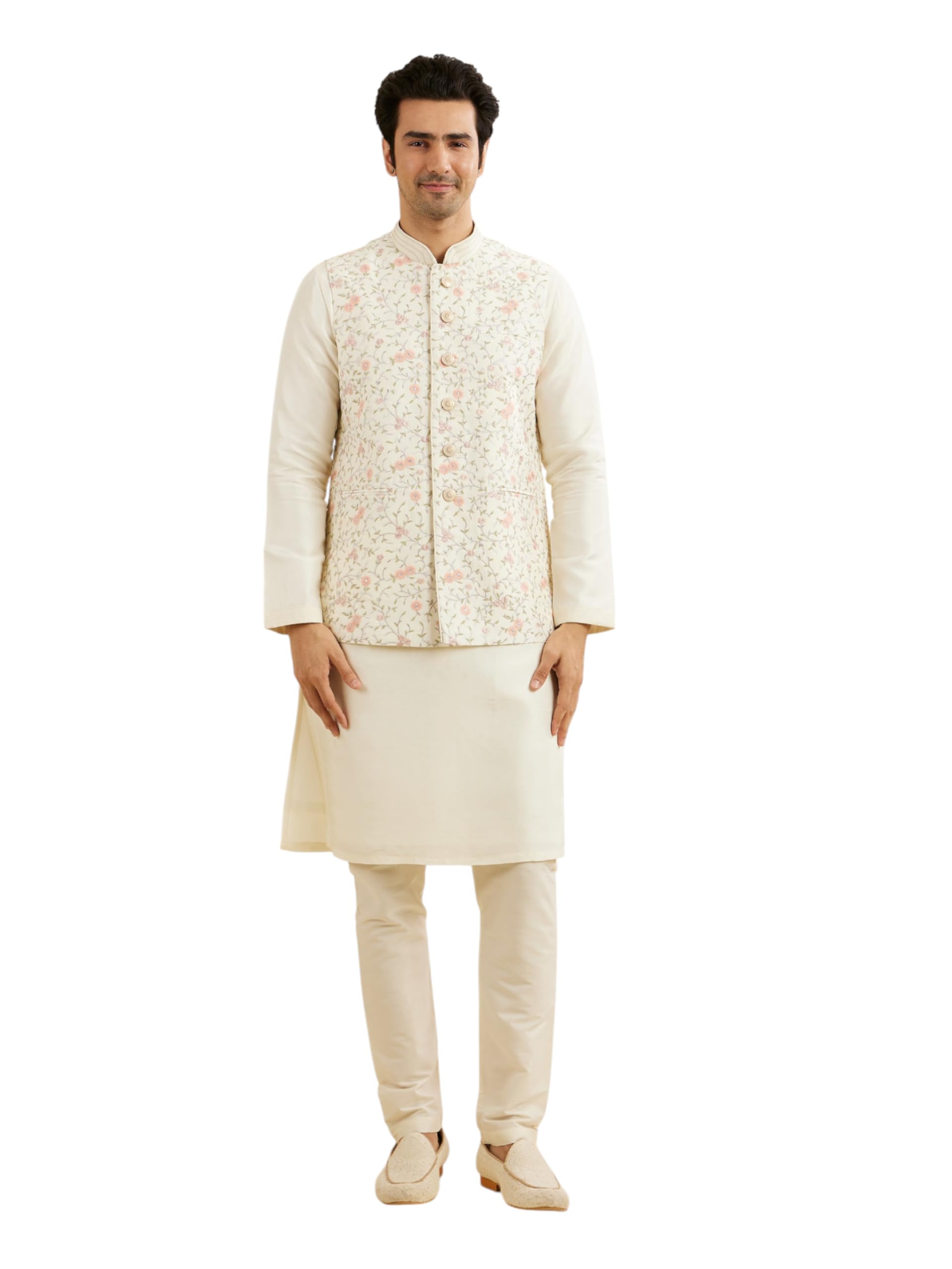 Manyavar MenS Art Silk Floral Embroidery Kurta Jacket Set (Cream,M)