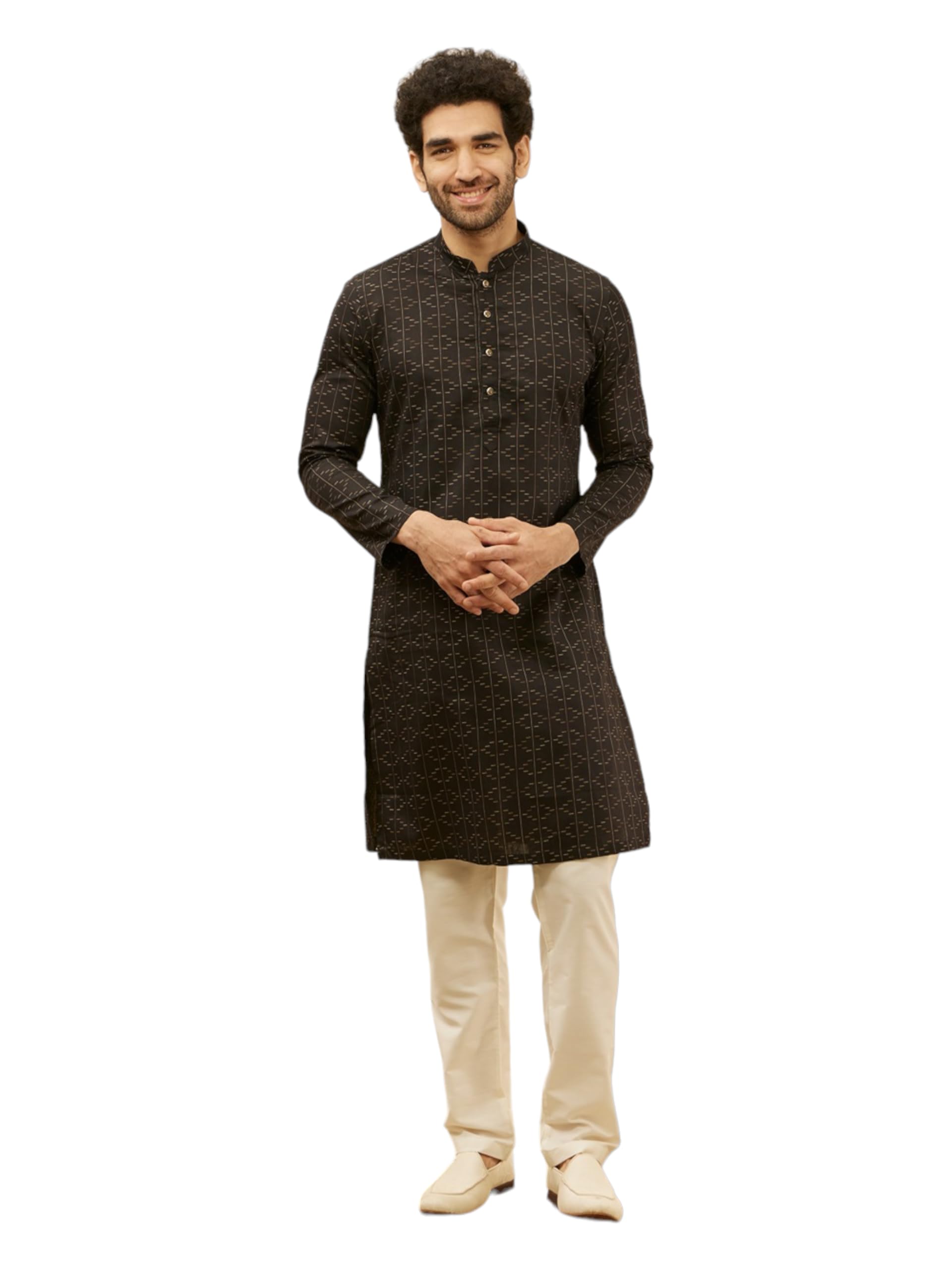 Manyavar Mens Black Cotton Printed Kurtas