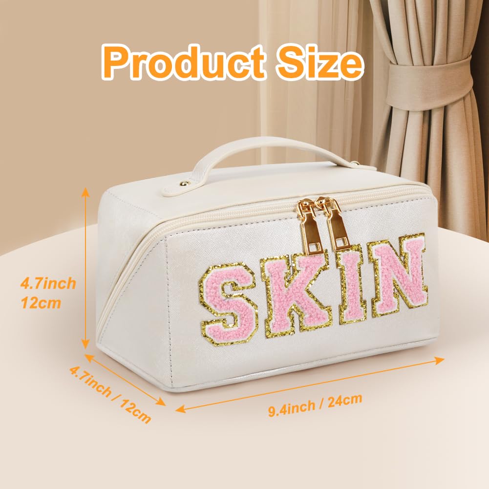 JOINDO Large Capacity Travel Cosmetic Bag, Chenille Letter Preppy Makeup Bag, PU Leather Open Flat Toiletry Bag Organizer with D