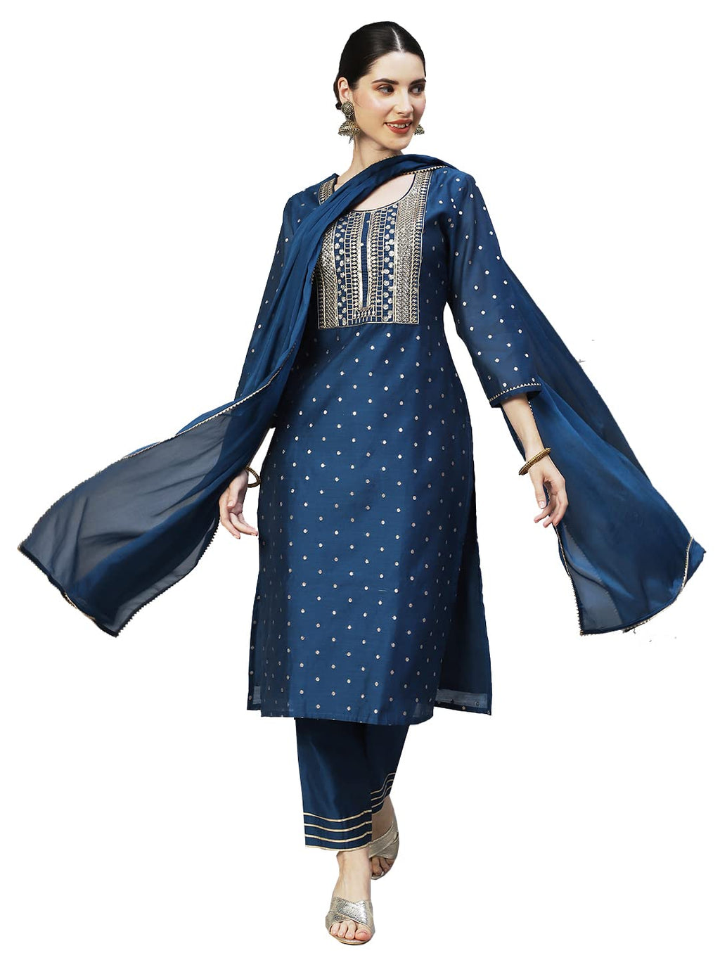 Ishin Womens Silk Blend A-Line Embroidered Sequinned Kurta Suit Set With Dupatta & Trouser
