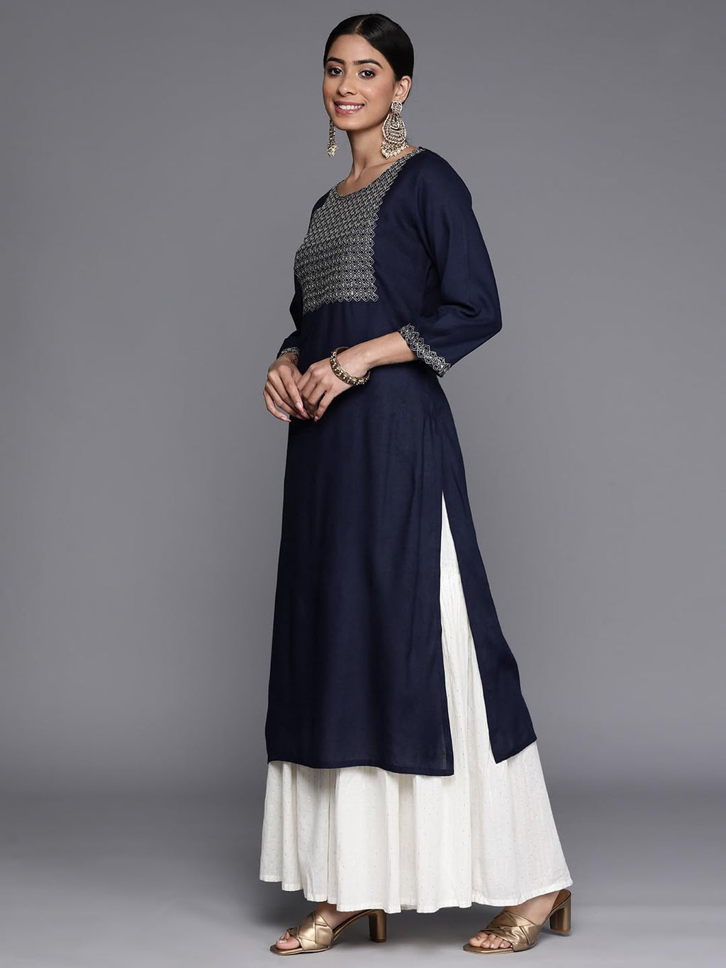 Libas Navy Blue Embellished Rayon Straight Kurta
