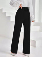 Shasmi Womens Elegant Black Solid Color High Waisted Belted Toothpick Stripe Design Straight Loose Casual Women Pants, Minimali