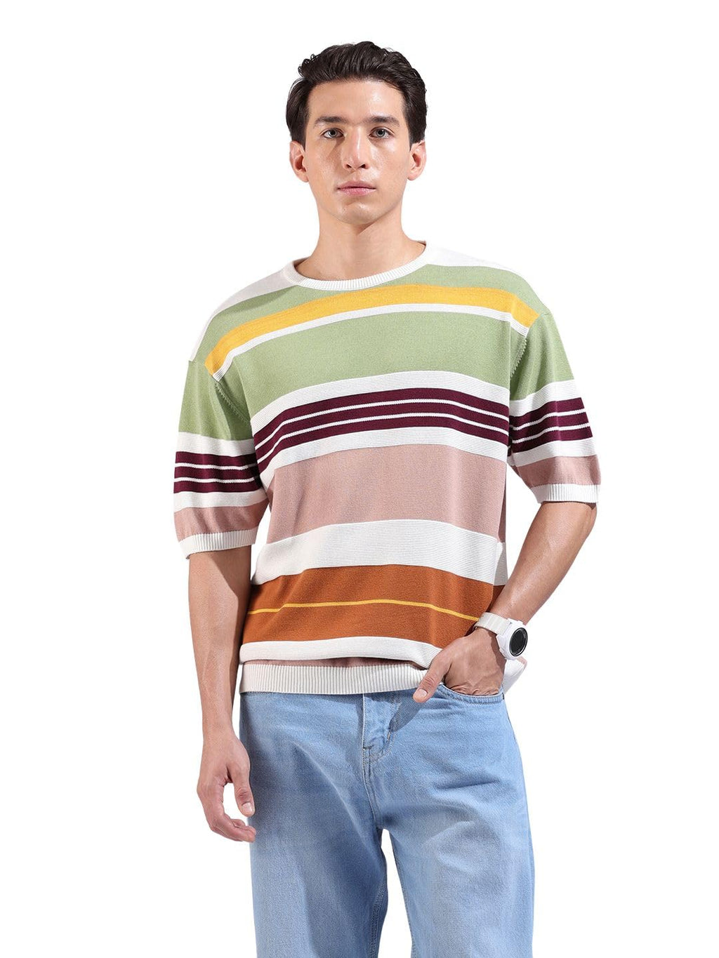 The Indian Garage Co Mens Oversized Striped Flatknit Half Sleeves Crew Neck Sweater