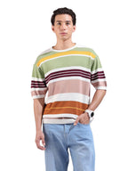 The Indian Garage Co Mens Oversized Striped Flatknit Half Sleeves Crew Neck Sweater