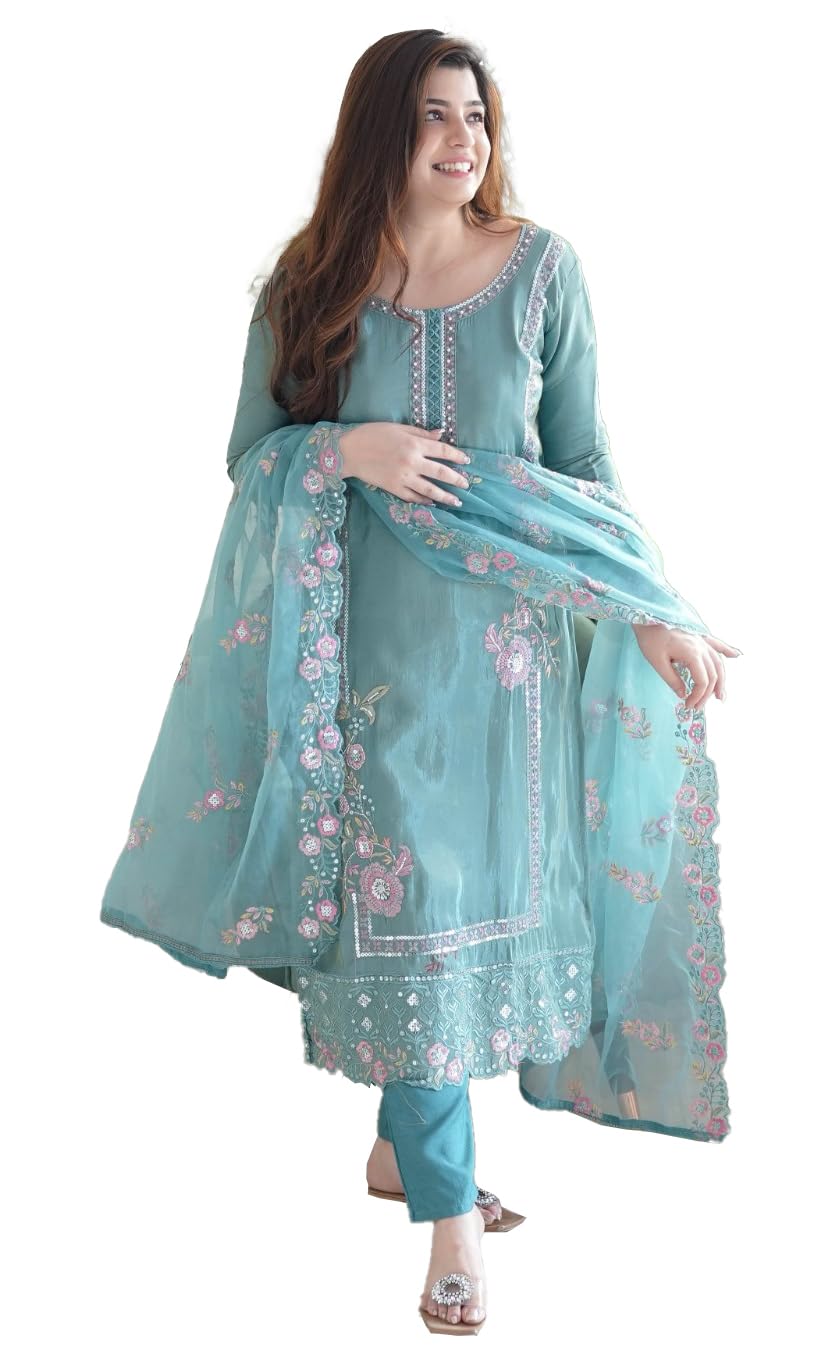 Wedani Silk Embroidered Kurta Set with Duptta for Women Sky Blue