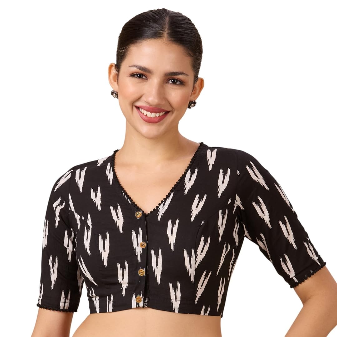 Studio Shringaar WomenS Readymade Black Cotton Block Printed Elbow Length Sleeves Saree Blouse (Black, 34) 34