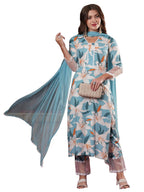 ANNI DESIGNER Ladies Cotton Blend Straight Print Cropped Trousers and Dupatta Kurta, Blue sky, XL