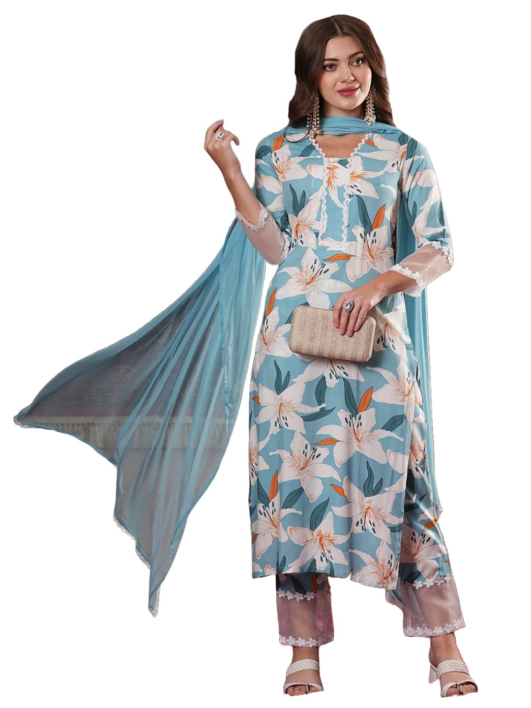 ANNI DESIGNER Ladies Cotton Blend Straight Print Cropped Trousers and Dupatta Kurta, Blue sky, XL