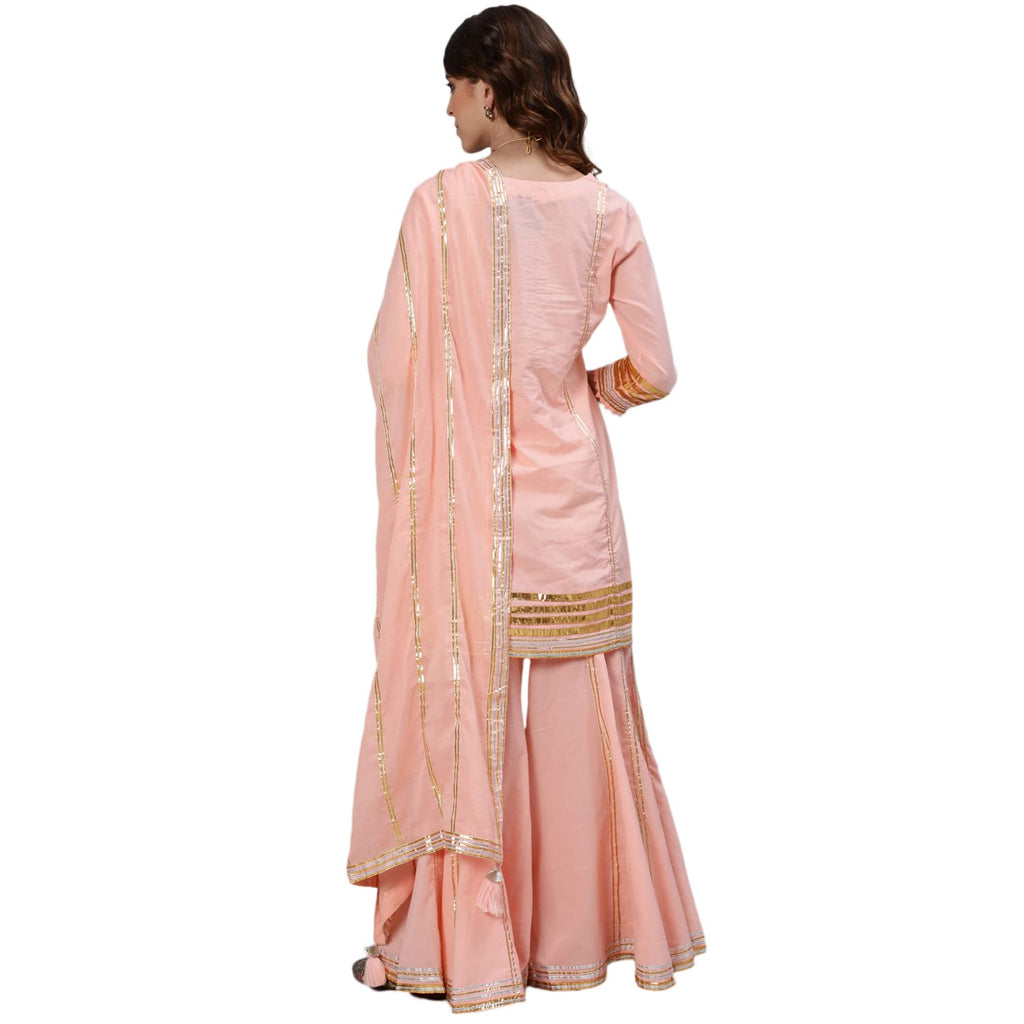 Ishin Women'S Pure Cotton Embroidered Gotta Patti Peach Checked Print Straight Kurta Suit Set With Dupatta & Sharara