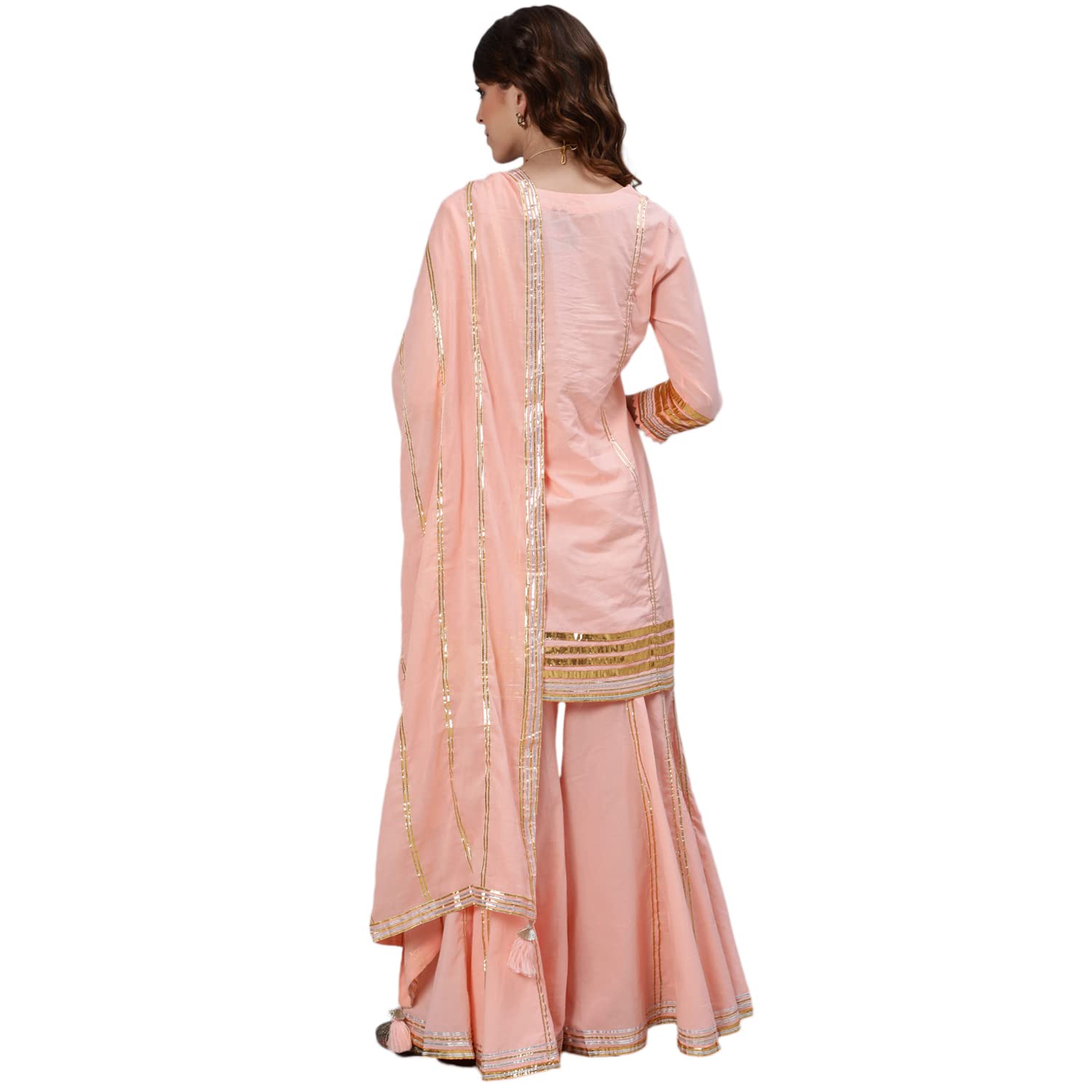 Ishin Women'S Pure Cotton Embroidered Gotta Patti Peach Checked Print Straight Kurta Suit Set With Dupatta & Sharara