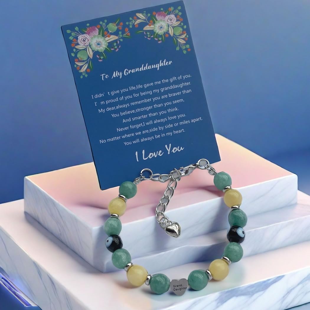 DOLON Handmade Beaded Stainless Steel Heart Granddaughter Charm Evil Eye Lucky Bracelet Birthday Christmas Holiday Gift