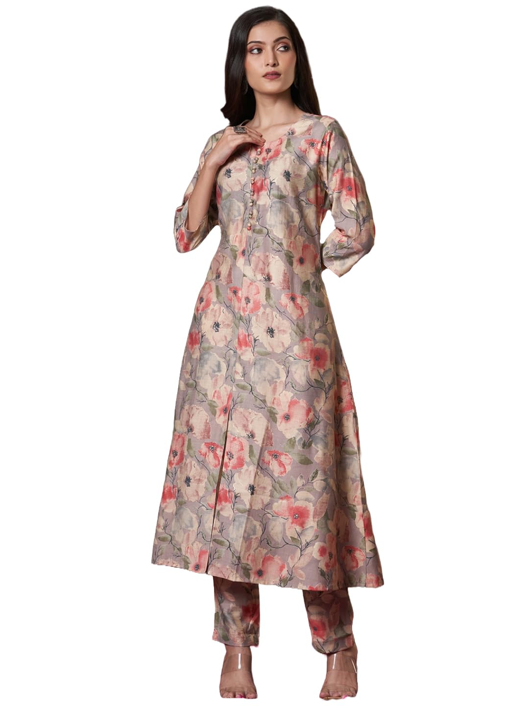 ANNI DESIGNER Womens Rayon Blend Straight Printed Kurta with Pant (Bhaskar Grey_S_Grey_Small)