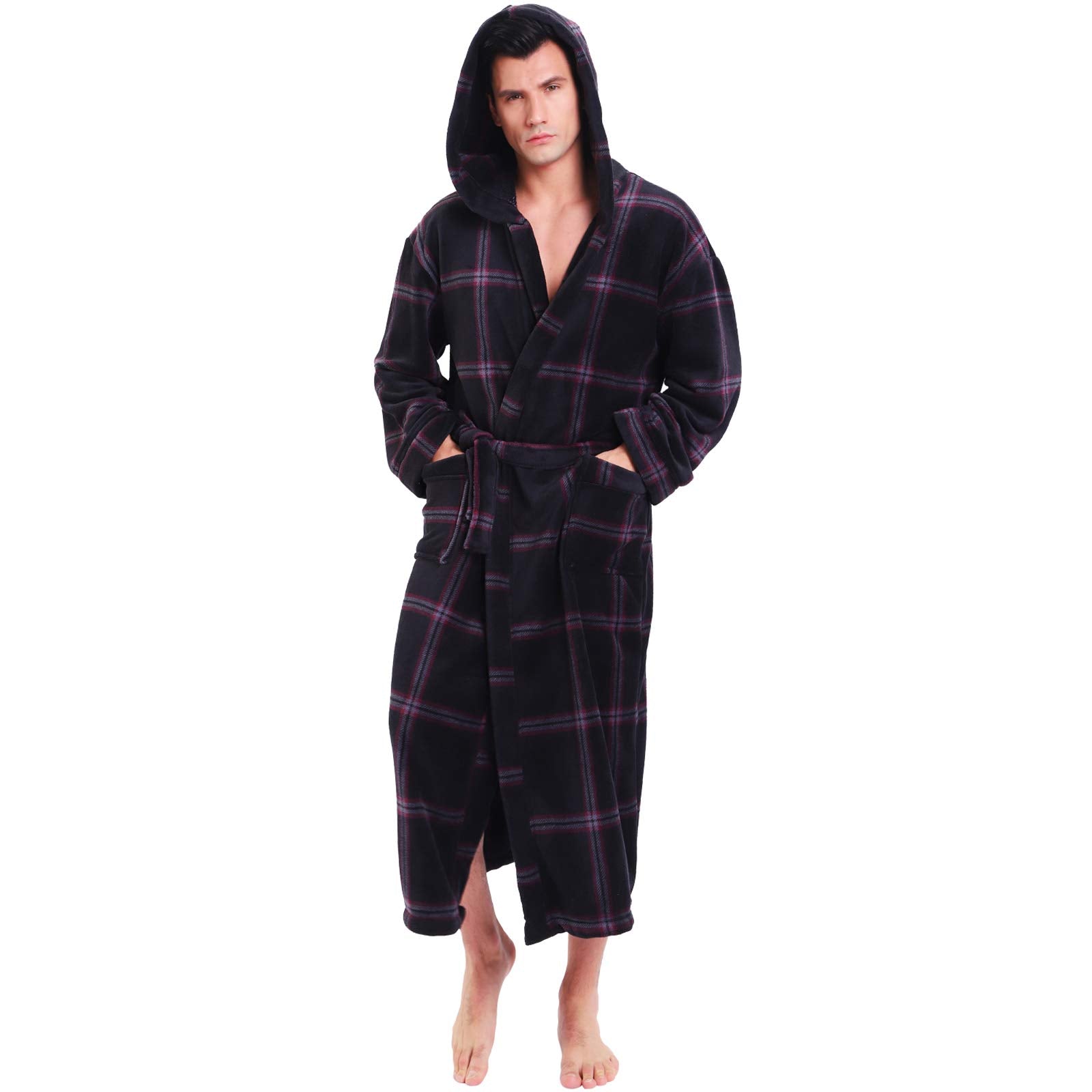 KEMUSI Hooded Herringbone Mens Dark Red checked Soft Spa Long Bathrobe,comfy Full Length Warm (XL)